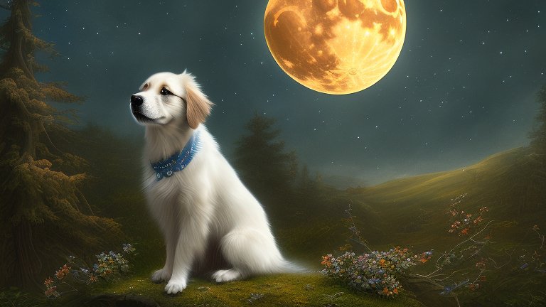 White Dog Sitting Under a Glowing Full Moon