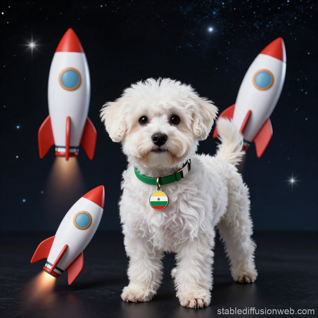 White Fluffy Dog with Rockets in Space Background