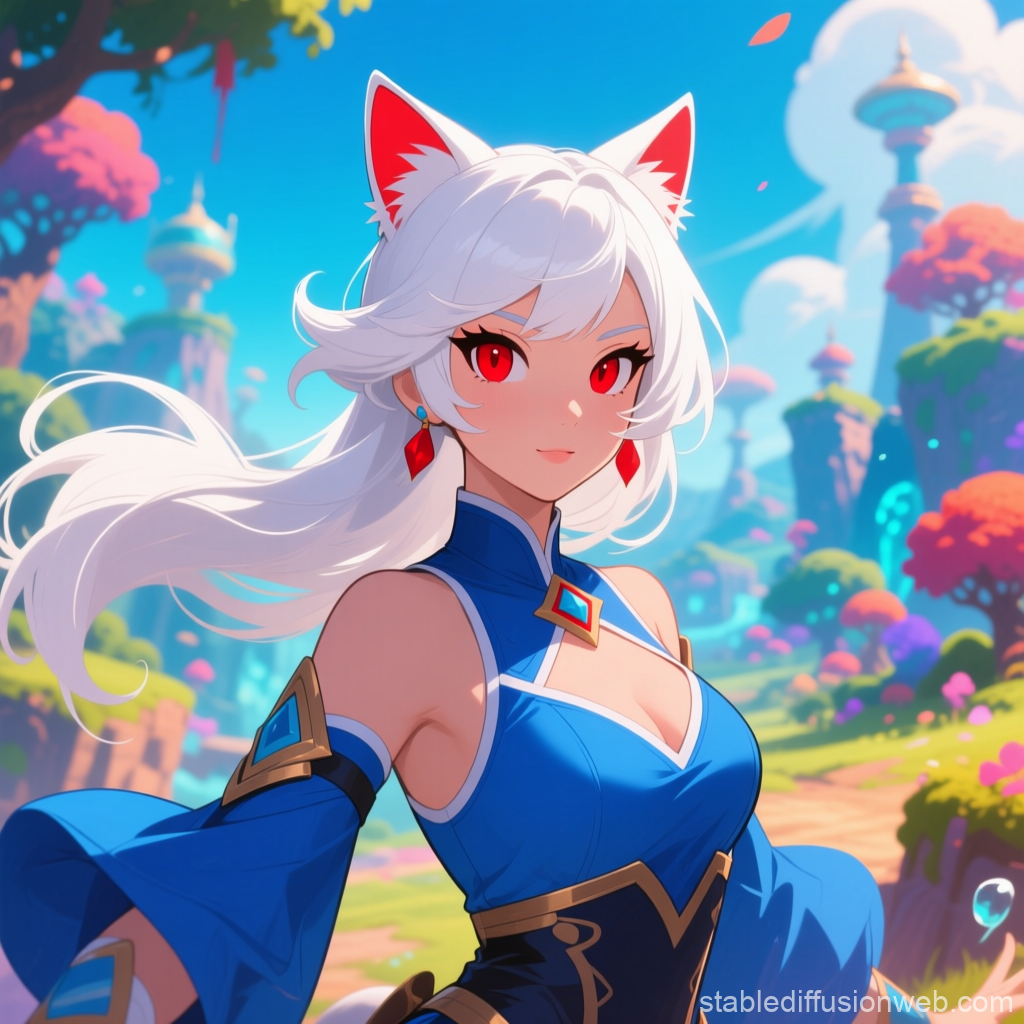White-Haired Cat-Eared Anime Woman in Fantasy Landscape
