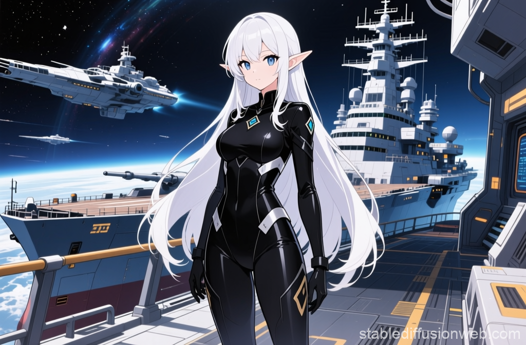 White-Haired Elf in Futuristic Space Battleship