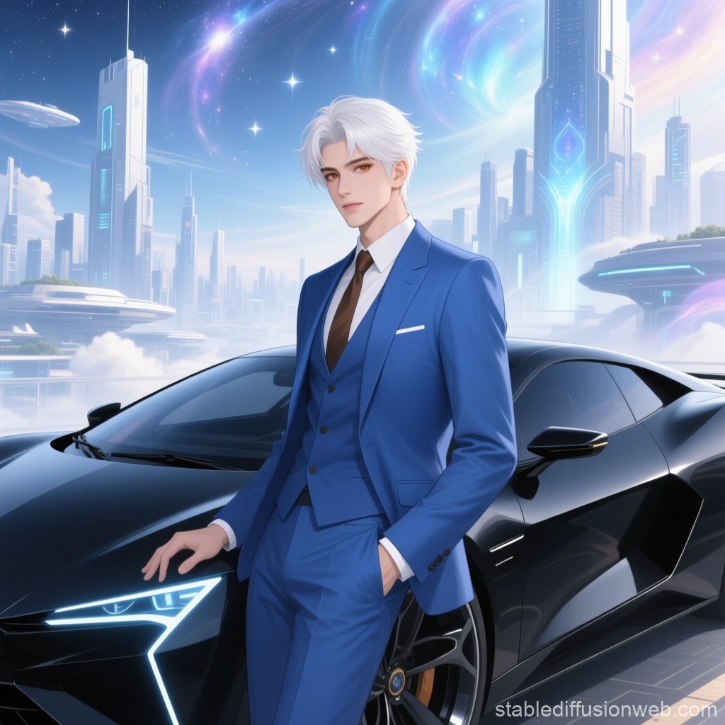 White-Haired Man in Blue Suit with Futuristic Cityscape