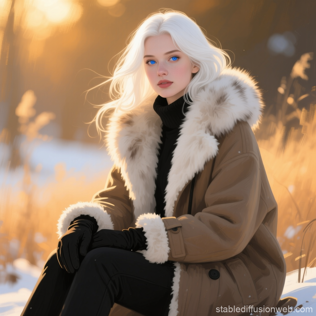 White-Haired Woman in Winter Coat with Blue Eyes