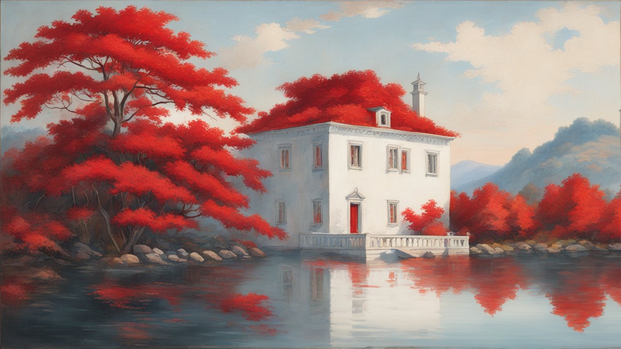 White House by a Lake Surrounded by Vibrant Red Trees