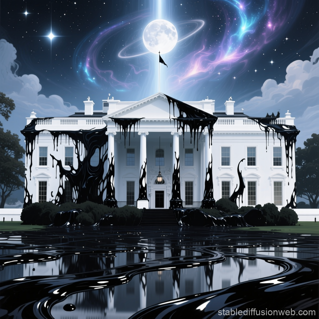 White House Covered in Black Dripping Substance Under Cosmic Sky