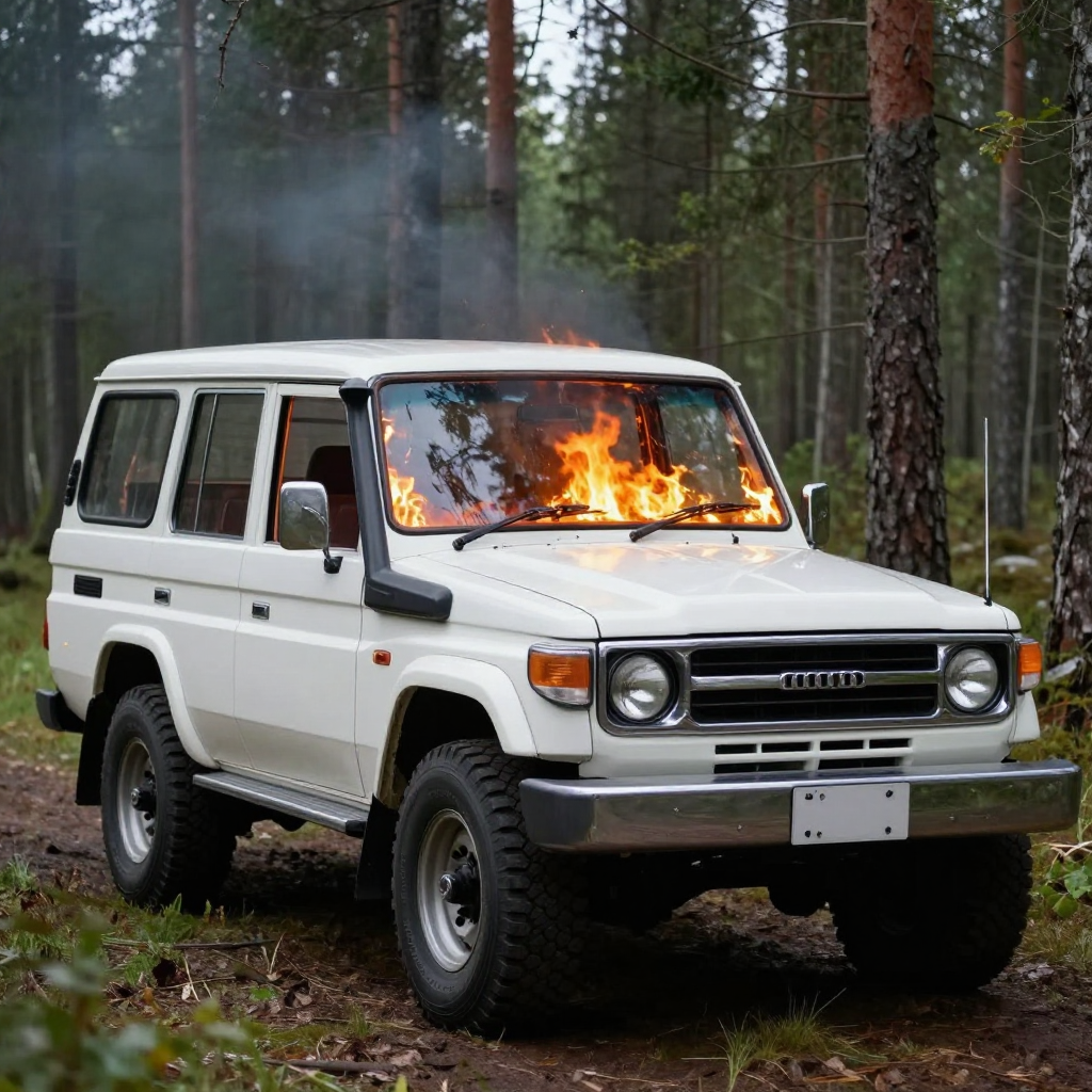 White Land Cruiser 200 on Fire in Forest