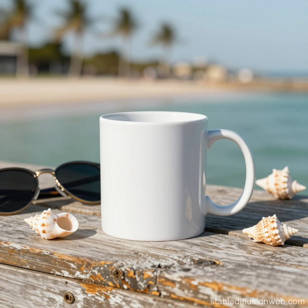White Mug on Weathered Wooden Table by the Beach