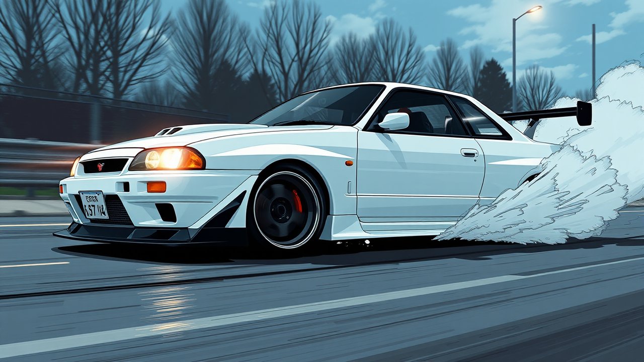 White Nissan Skyline R34 Drifting on Road