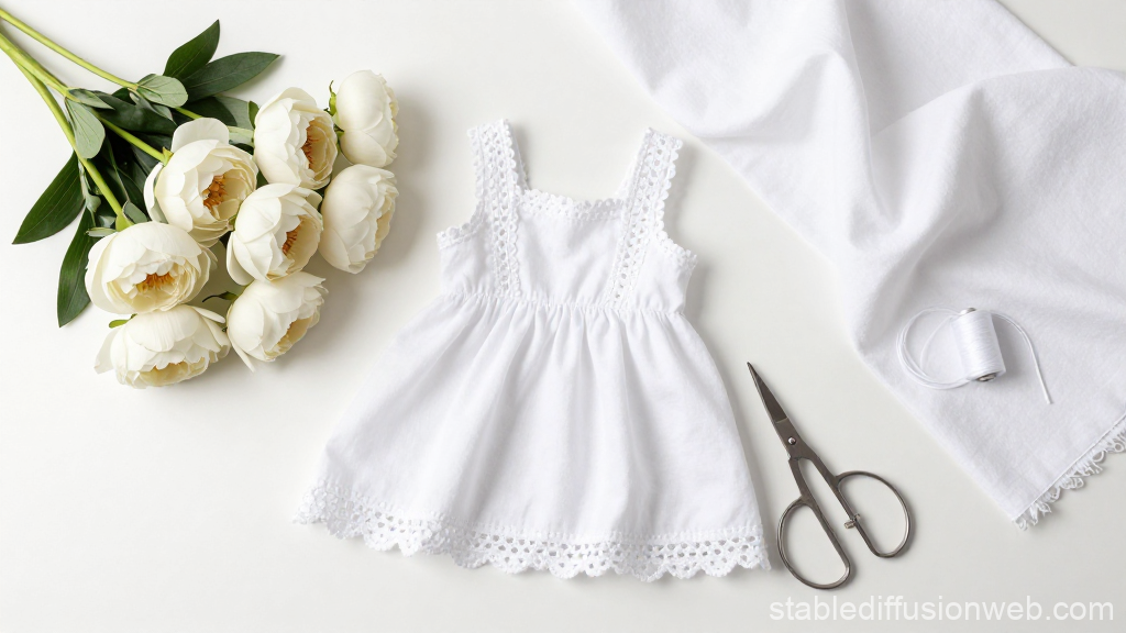 White Peonies with Delicate Baby Dress and Sewing Tools