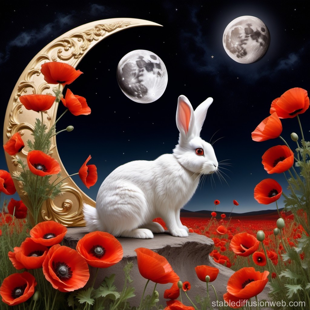 White Rabbit Among Red Poppies Under Twin Moons