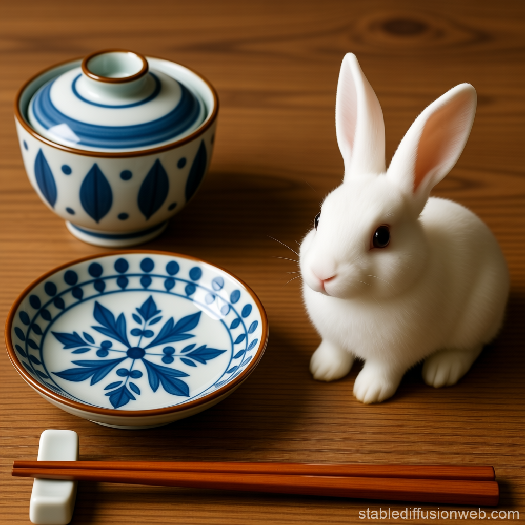 White Rabbit with Traditional Japanese Tableware