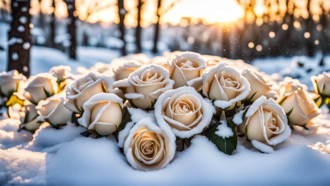 White Roses Covered in Snow at Sunset