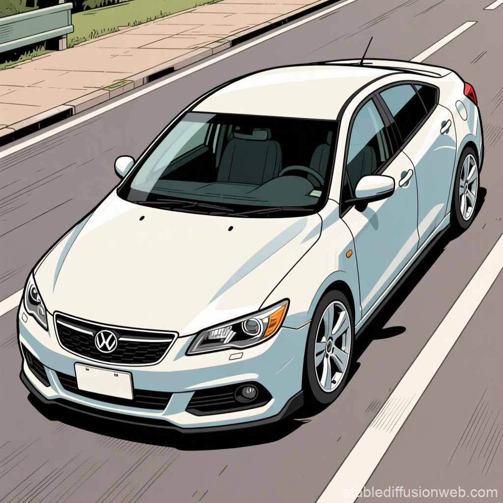 White Sedan Car on Road in Cartoon Style