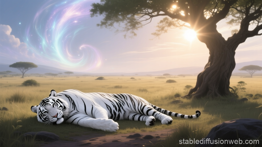 White Tiger Resting in a Magical Savannah Landscape