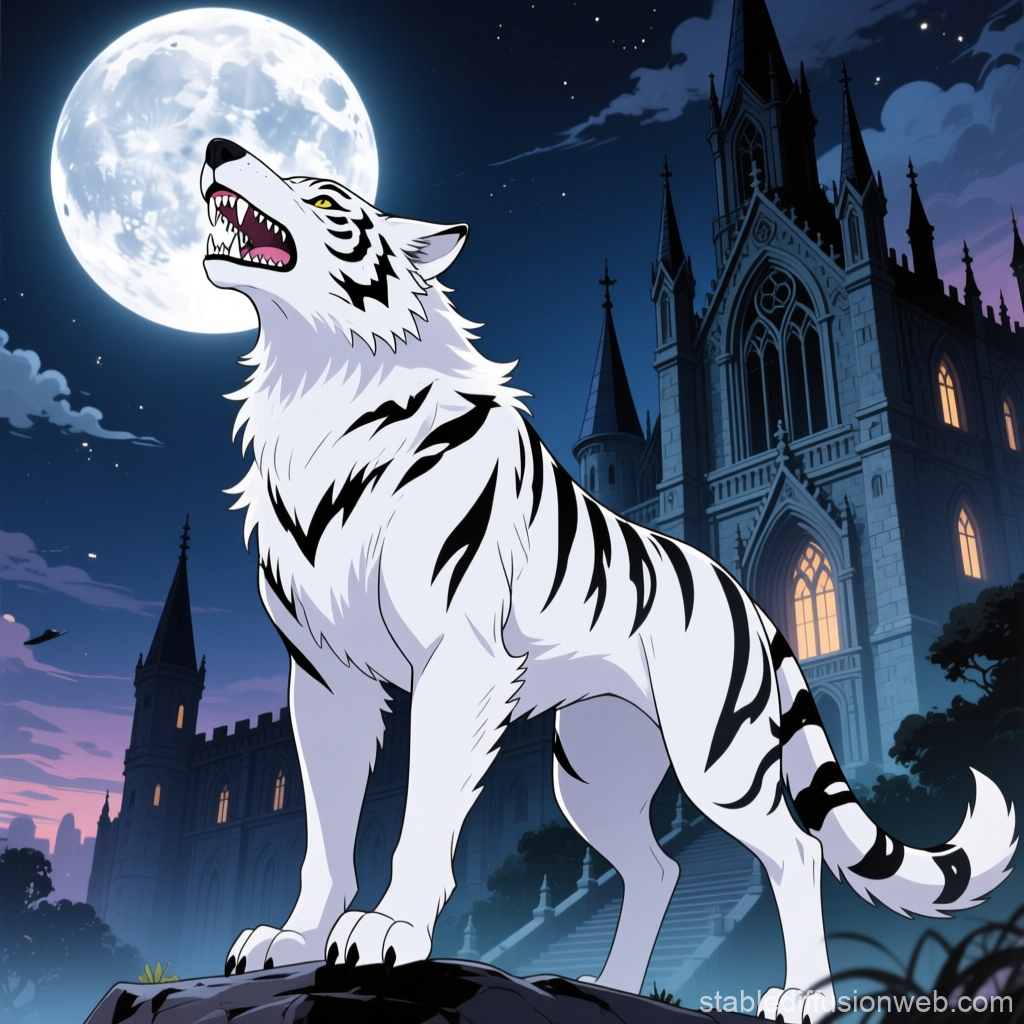 White Werewolf Howling at Full Moon by Gothic Castle
