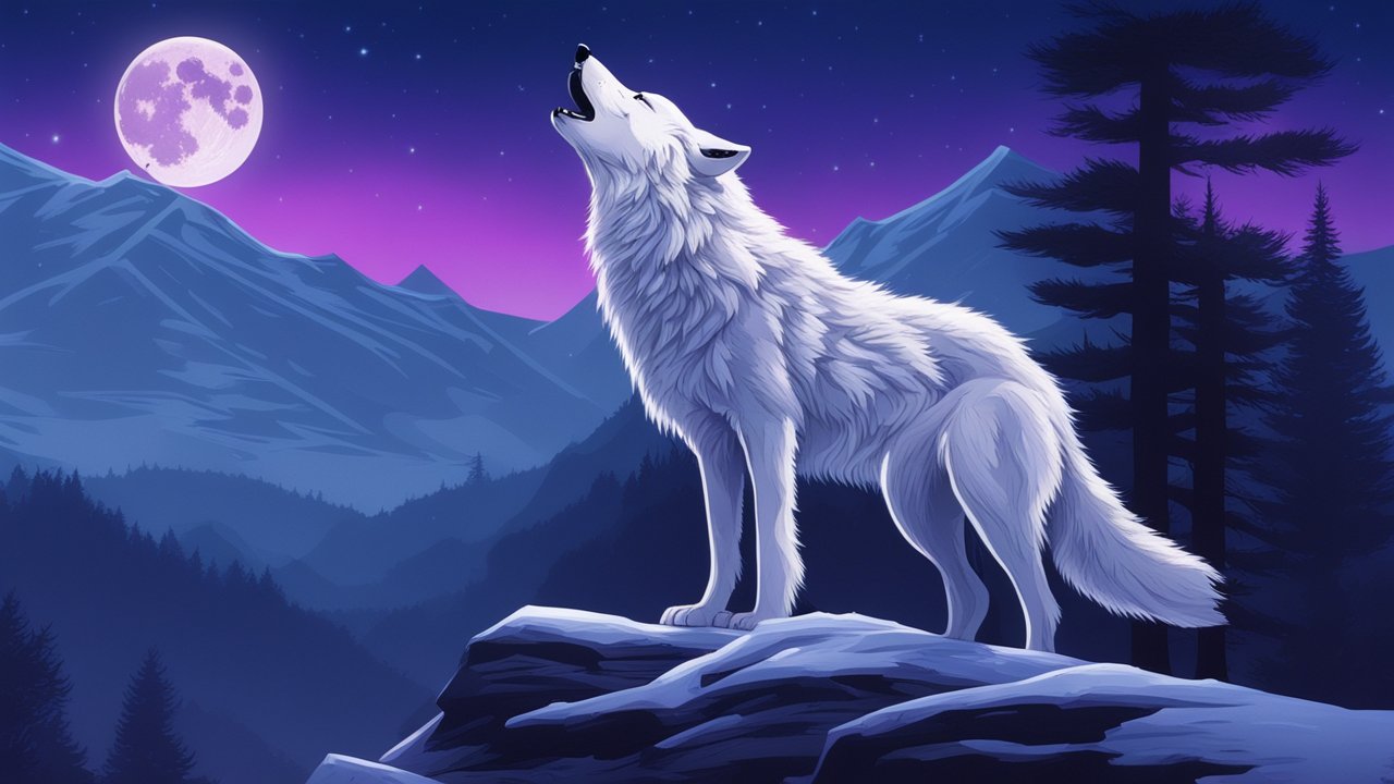 White Wolf Howling at the Moon in a Mountain Landscape