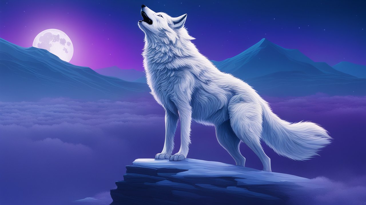 White Wolf Howling on a Cliff Under a Full Moon