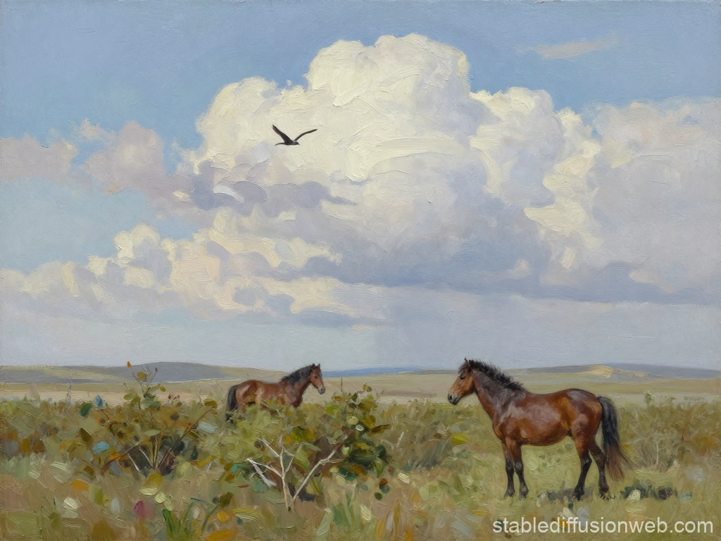 Wild Horses in a Vast Meadow Under Cloudy Sky