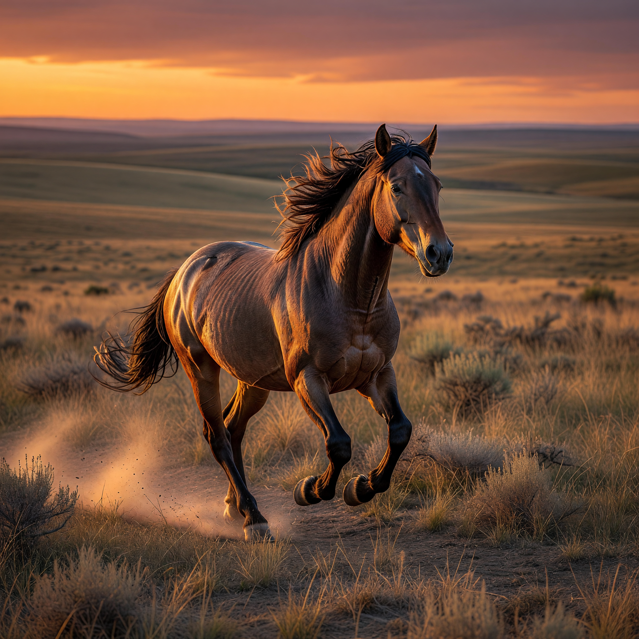 Wild Mustang Galloping at Sunset in Open Plains