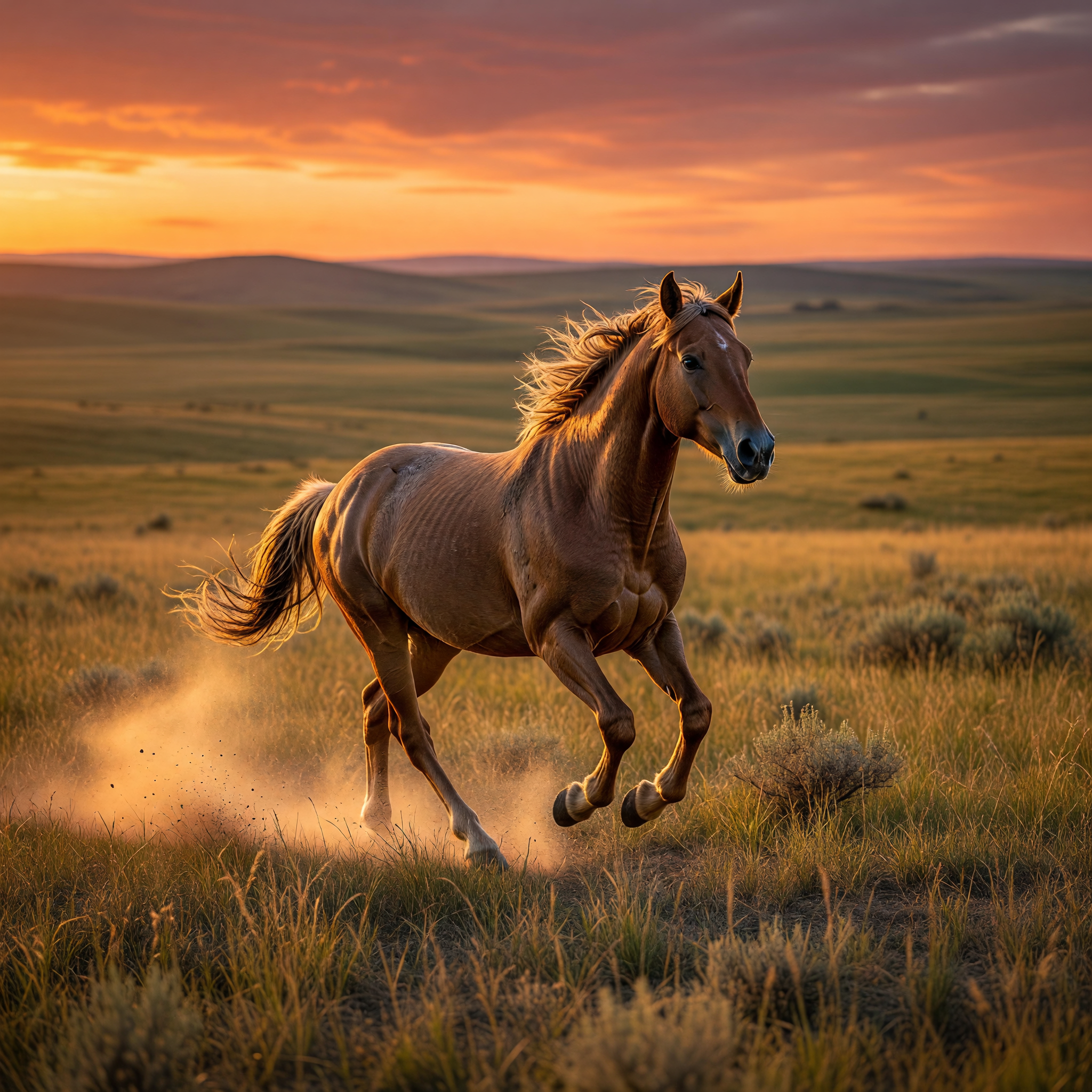 Wild Mustang Galloping at Sunset in Open Plains