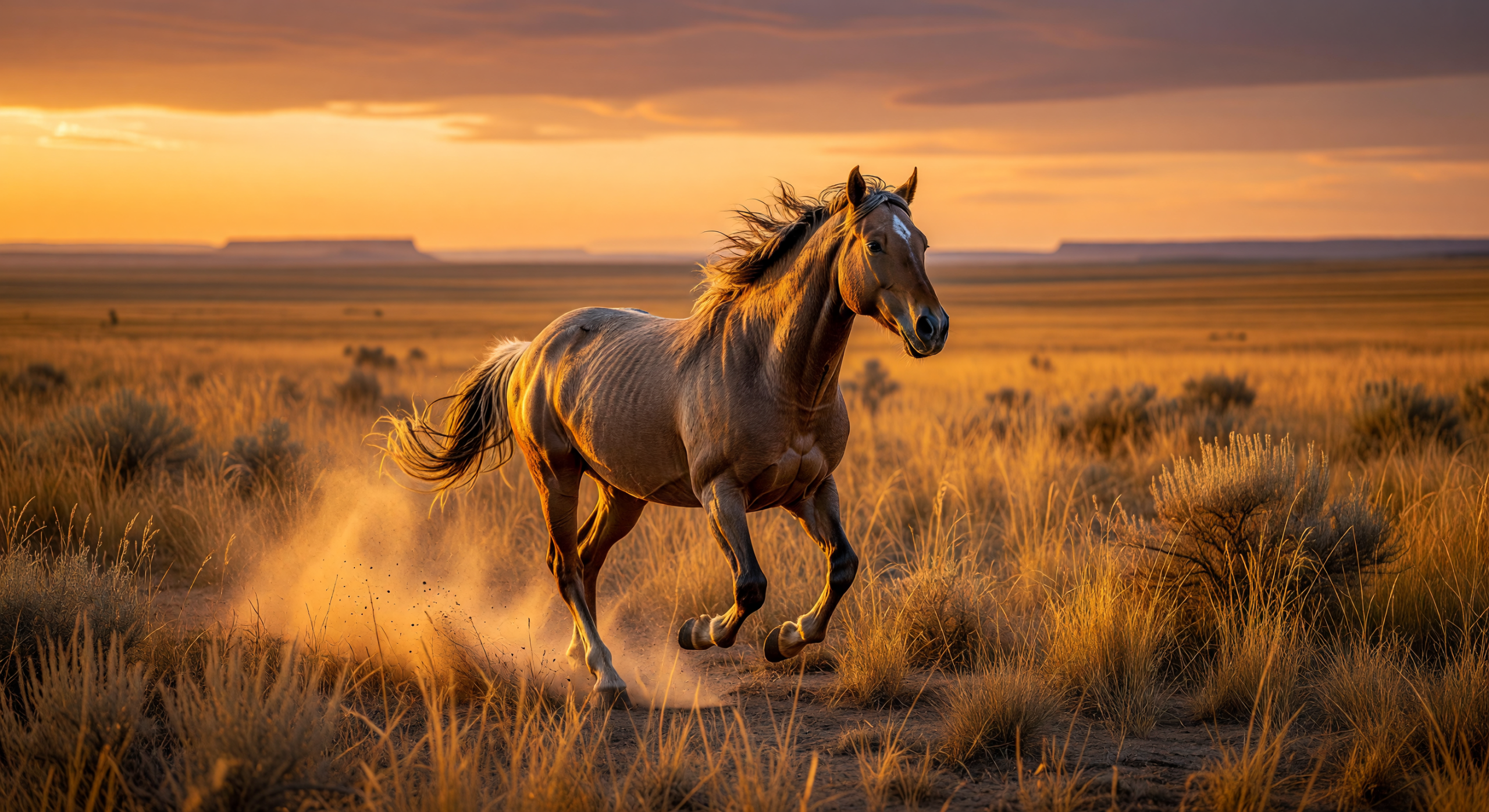 Wild Mustang Galloping at Sunset in Open Prairie