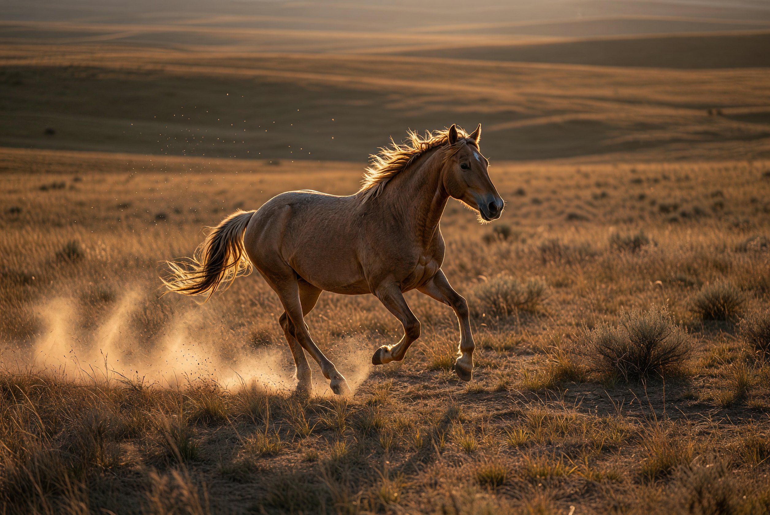 Wild Mustang Galloping at Sunset on Prairie