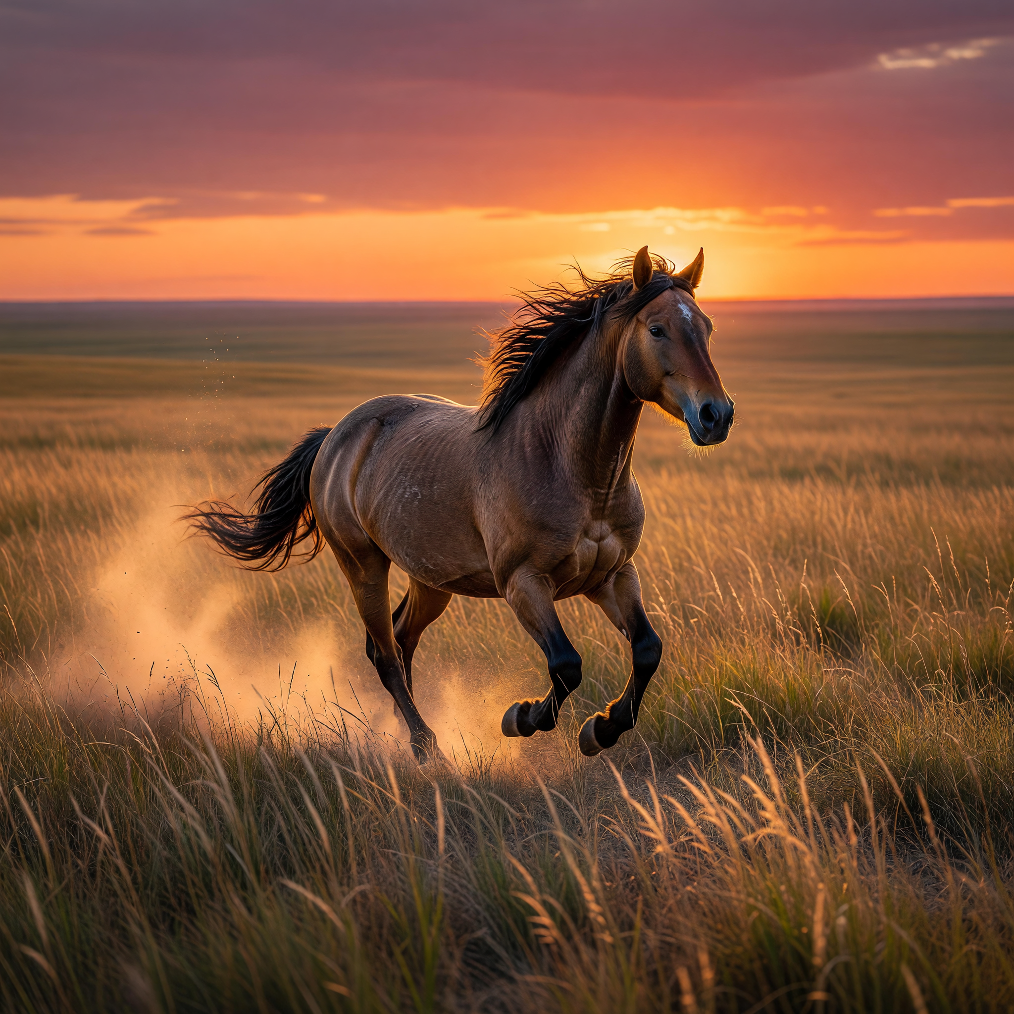 Wild Mustang Galloping at Sunset on Prairie
