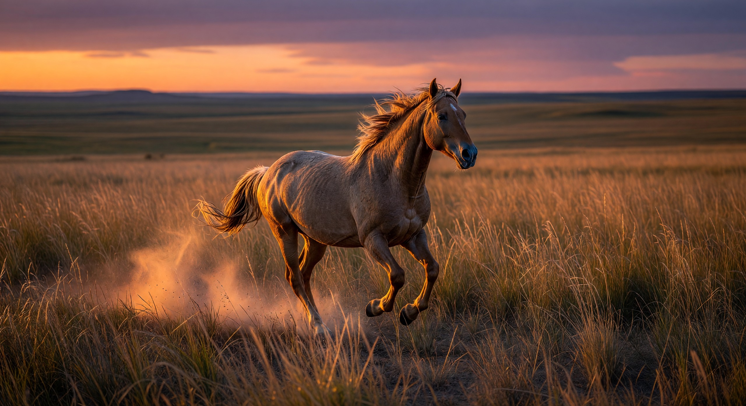 Wild Mustang Galloping at Sunset on the Prairie