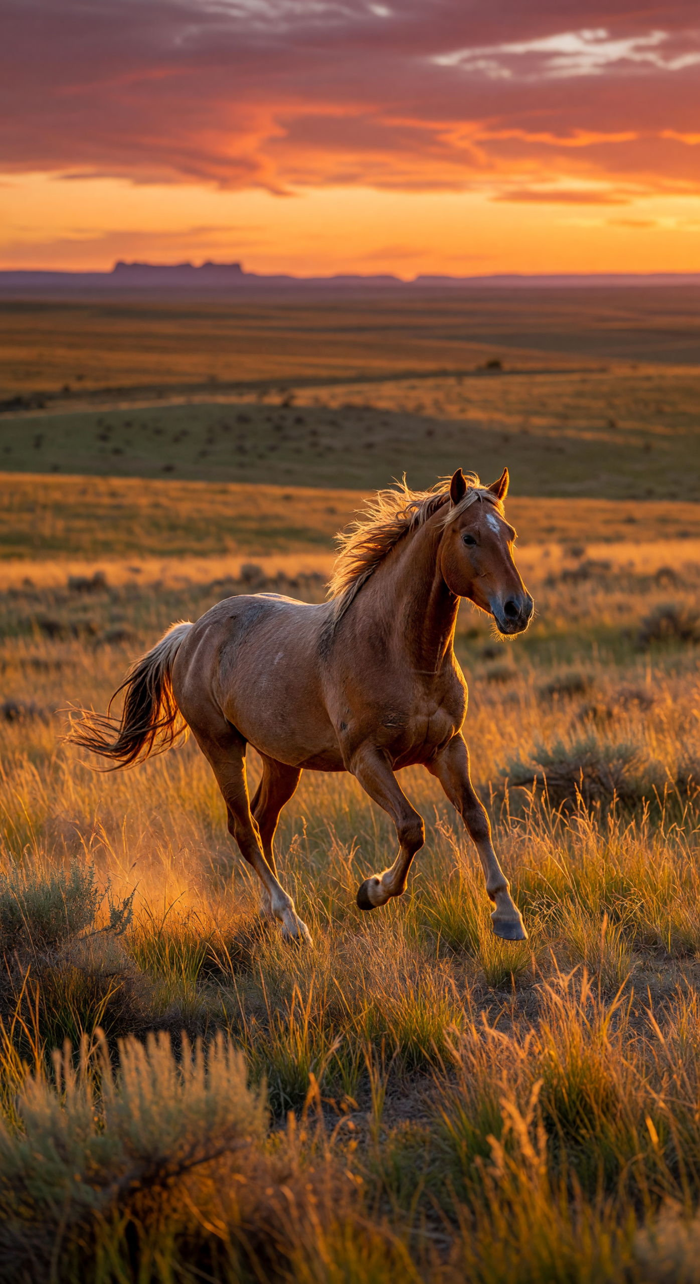 Wild Mustang Galloping at Sunset on the Prairie
