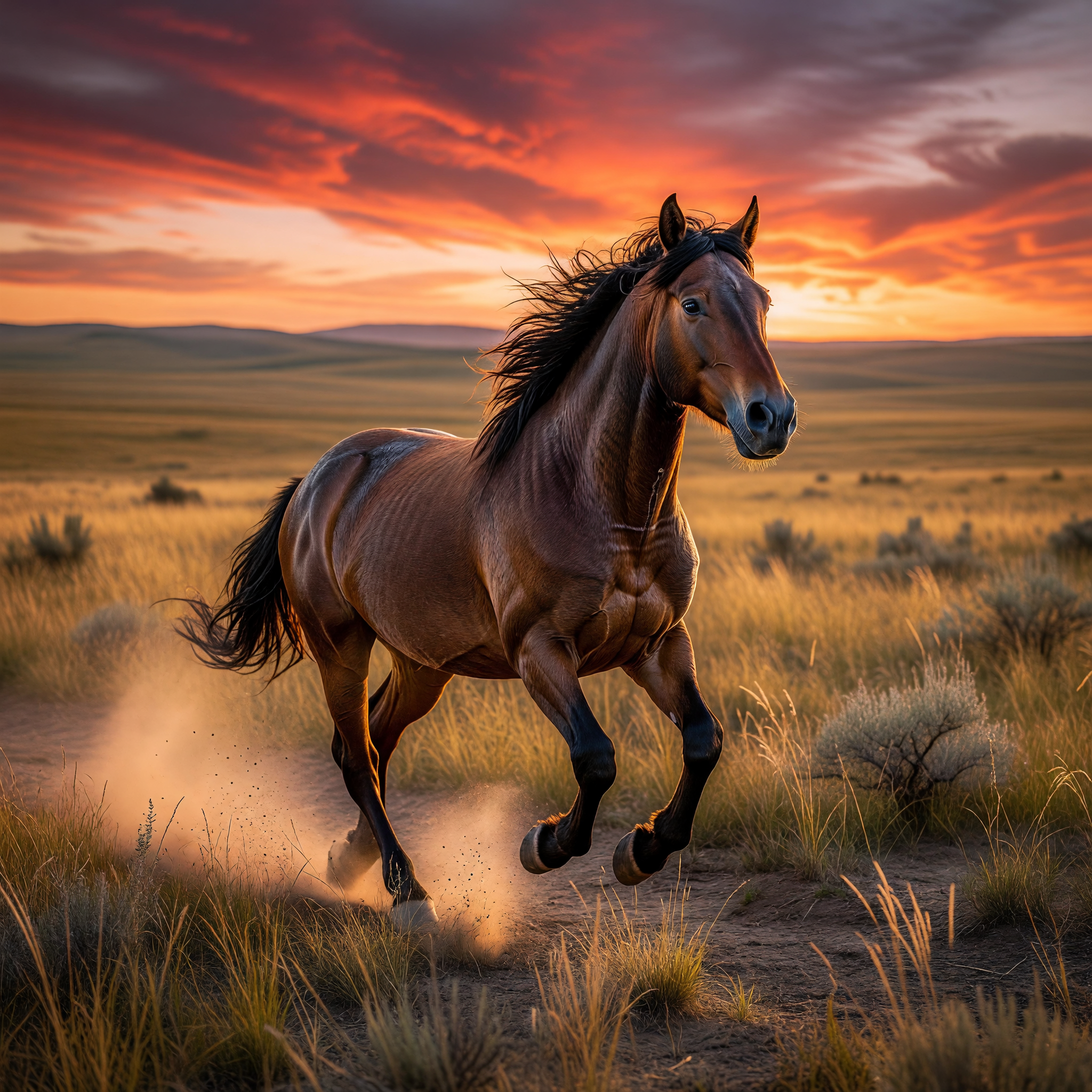 Wild Mustang Galloping at Sunset on the Prairie