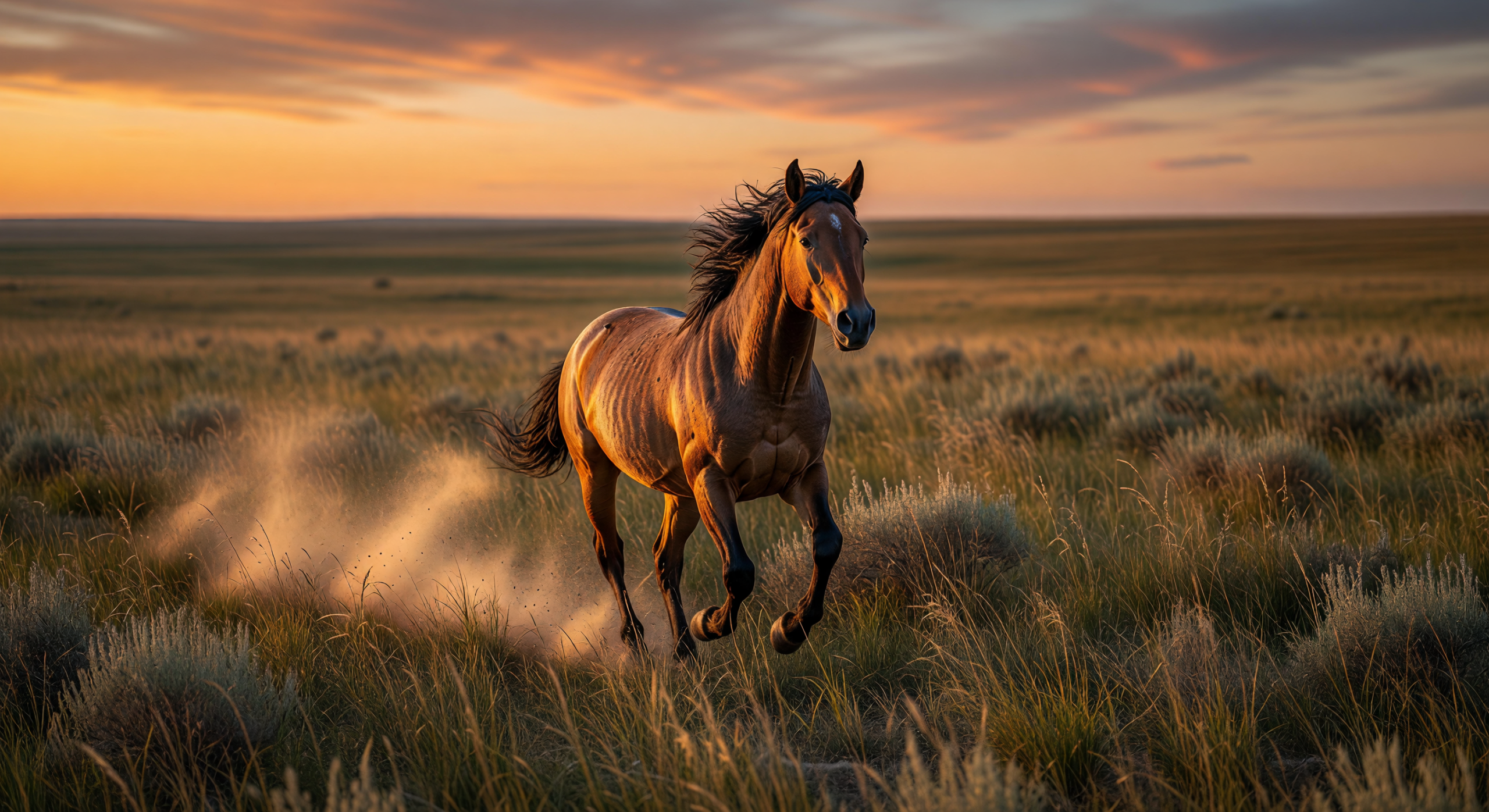 Wild Mustang Running at Sunset in Open Grassland