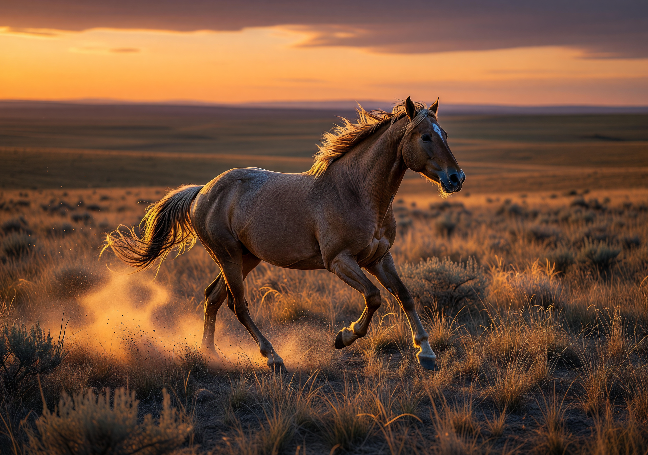 Wild Mustang Running at Sunset on the Prairie