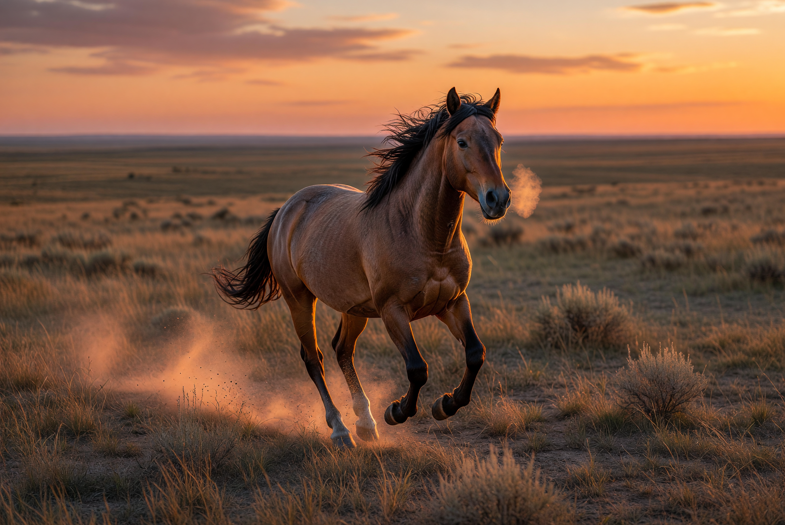 Wild Mustang Running at Sunset on the Prairie