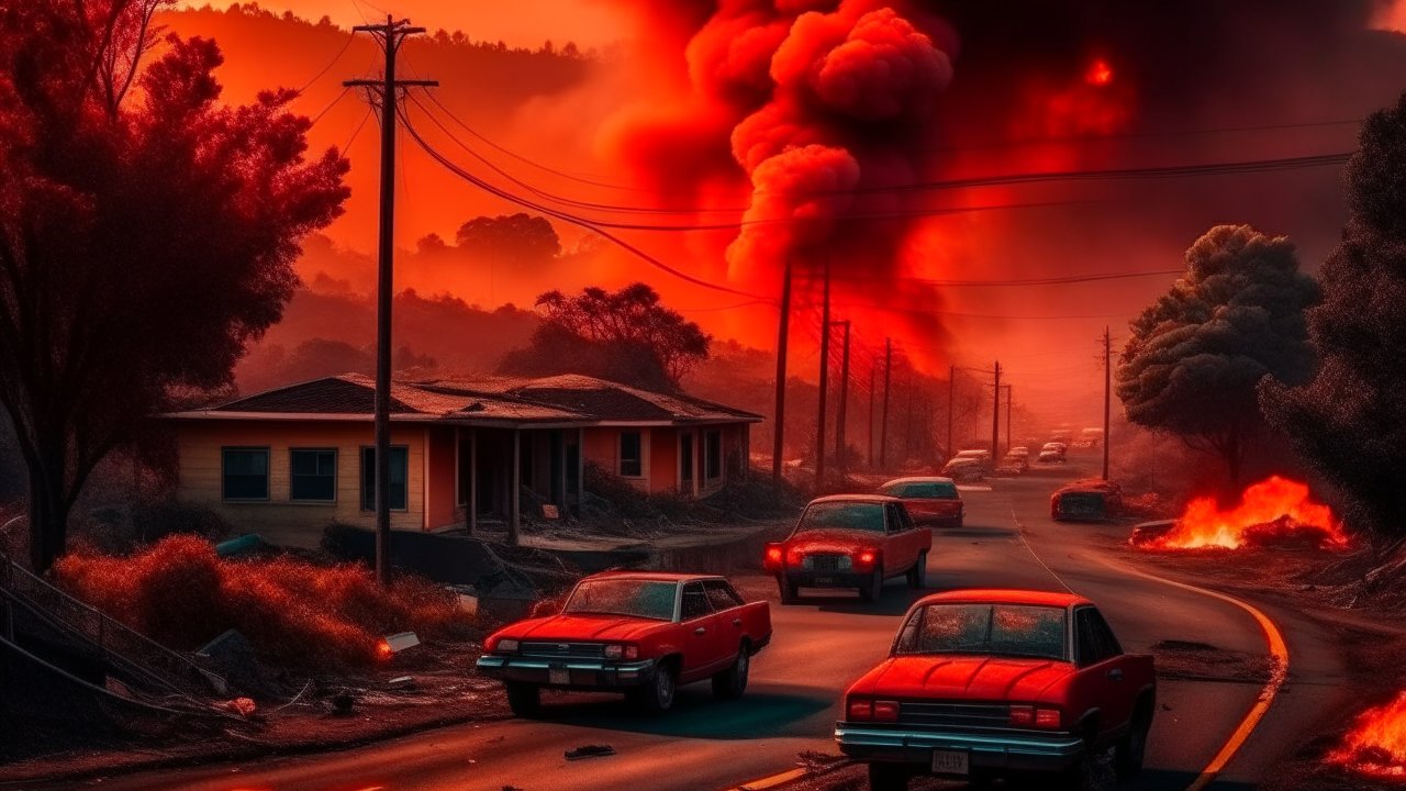 Wildfire Emergency Forces Evacuation on Suburban Road