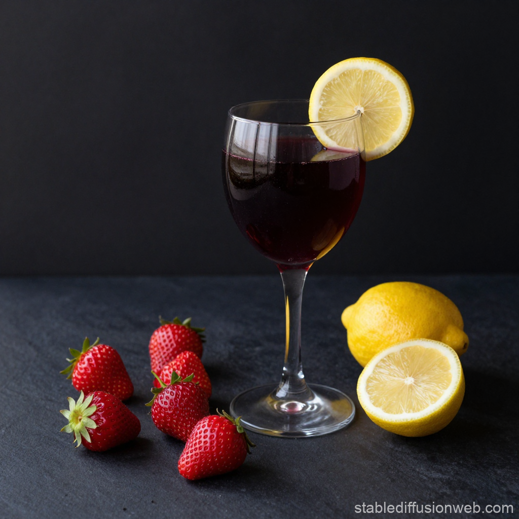 Wine Glass with Strawberries and Lemon Garnish on Dark Surface