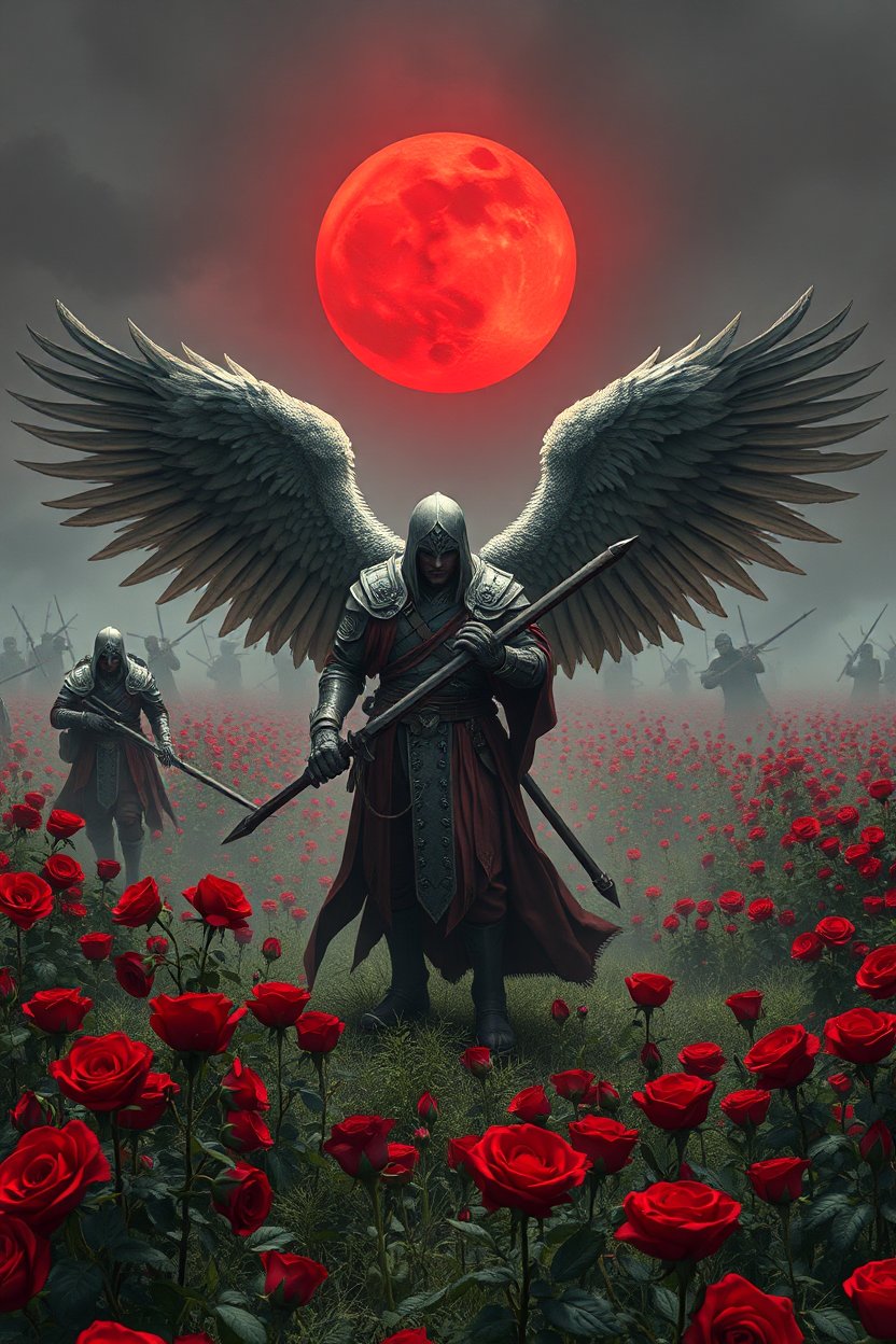 Winged Warrior Under a Blood Moon in a Field of Red Roses