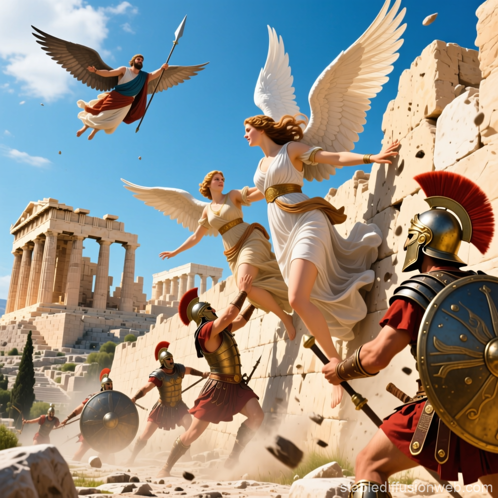 Winged Women and Ancient Warriors Besieging the Acropolis