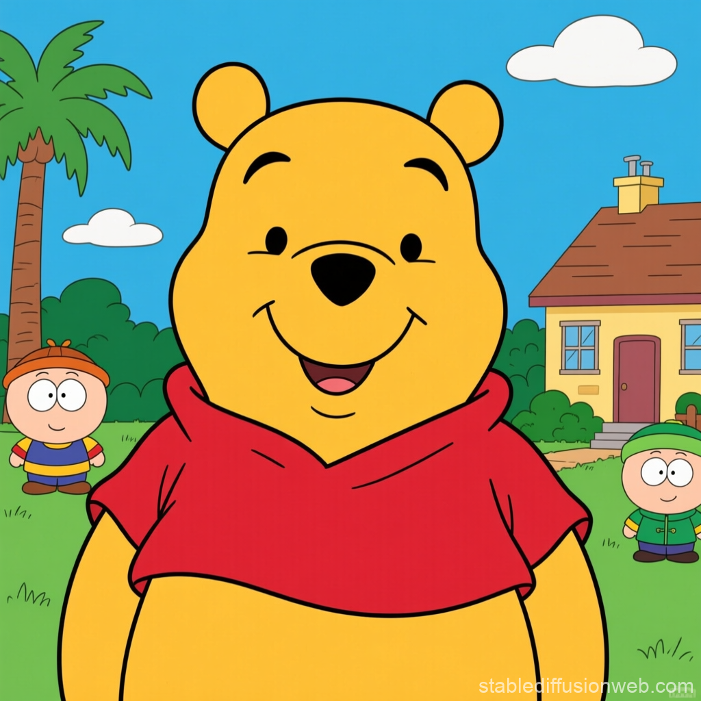 Winnie the Pooh Cartoon Character in Colorful Backyard