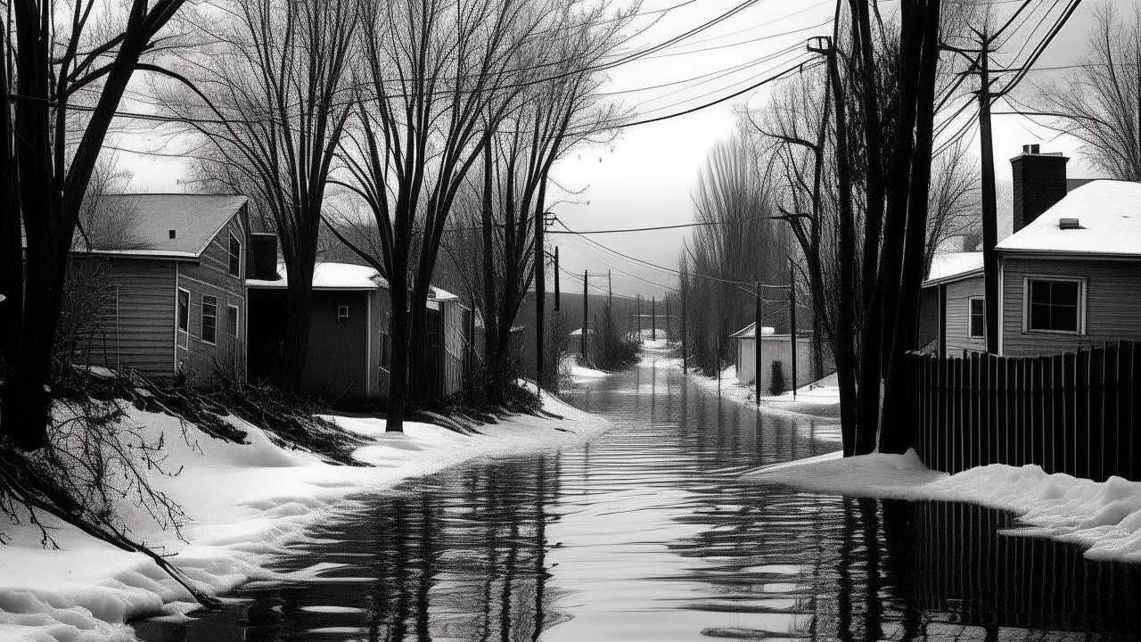 Winter Flooded Street After the Storm