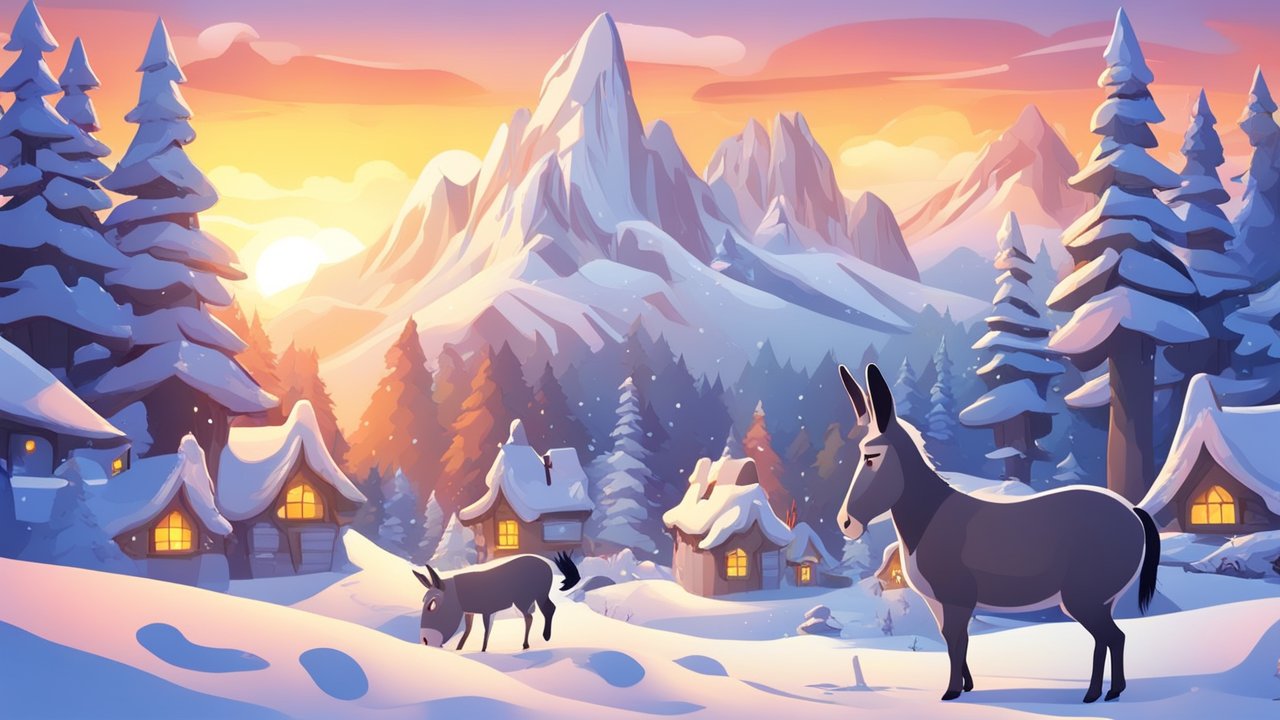 Winter Forest Village with Donkeys at Sunset