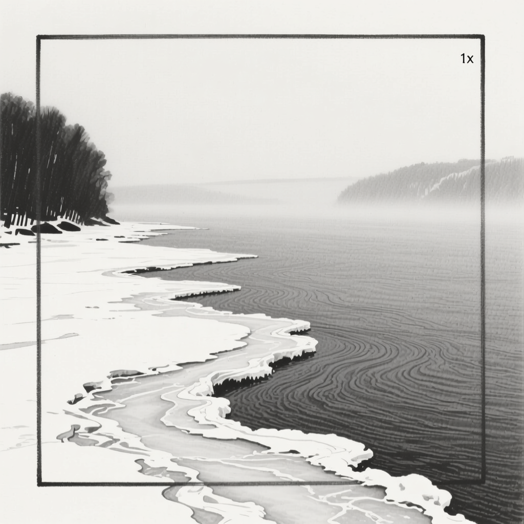 Winter Hudson River Shoreline in Monochrome