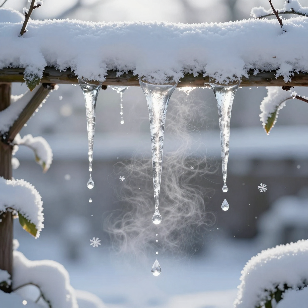 Winter Icicles Dripping from Snow-Covered Branch