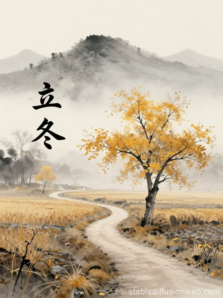 Winter Misty Landscape with Yellow Tree