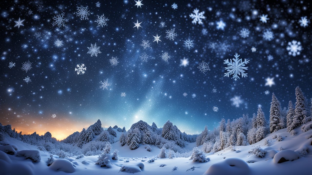 Winter Night Sky with Snowflakes Over Snowy Forest