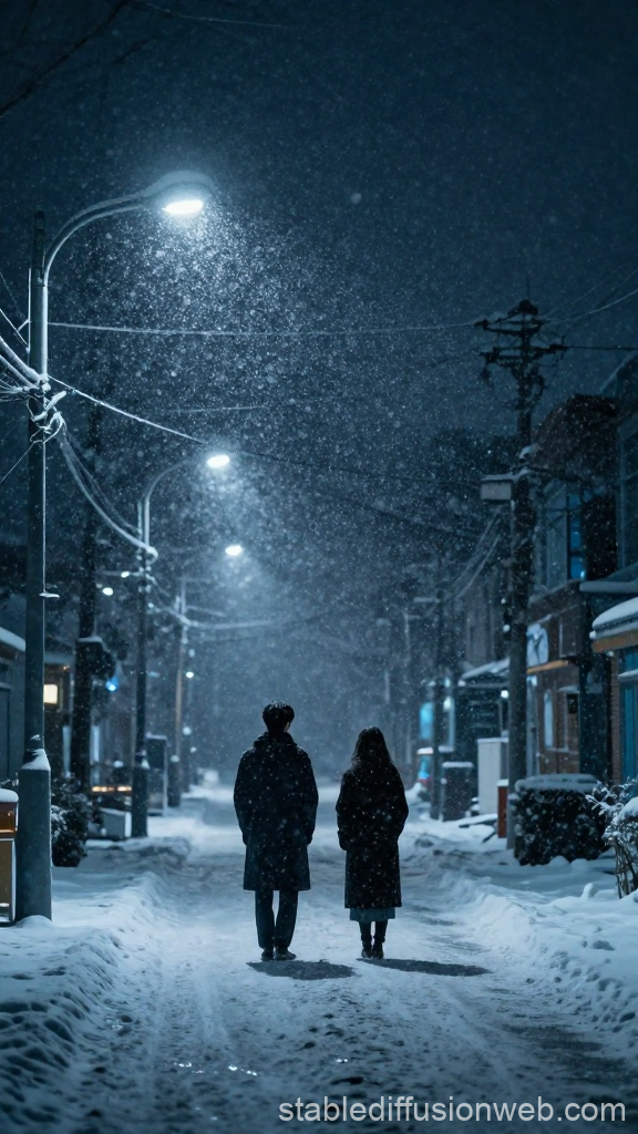 Winter Night Walk in Snowy Korean Street