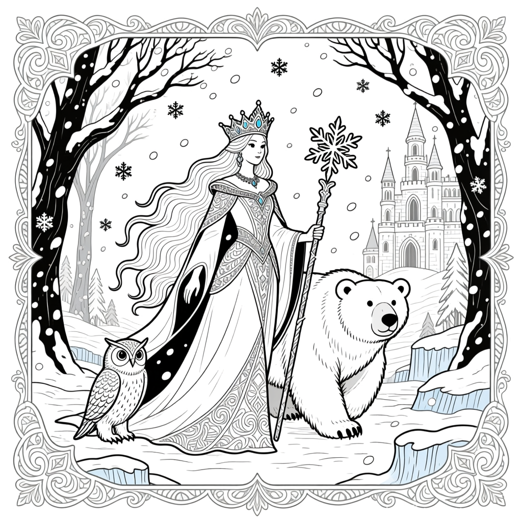 Winter Queen with Polar Bear and Owl in Snowy Castle Landscape