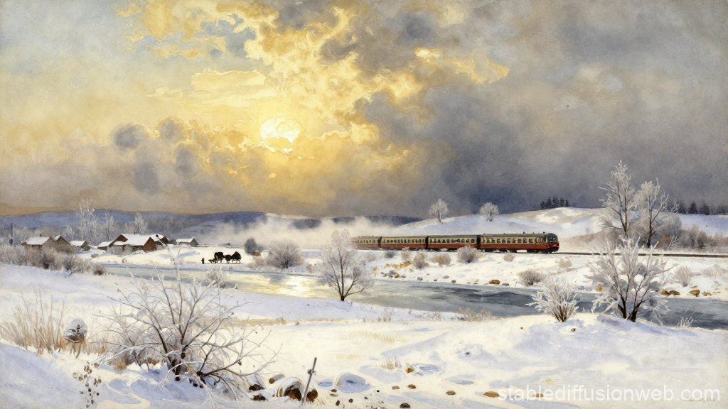 Winter Train Passing Through a Serene Snowy Landscape at Sunset
