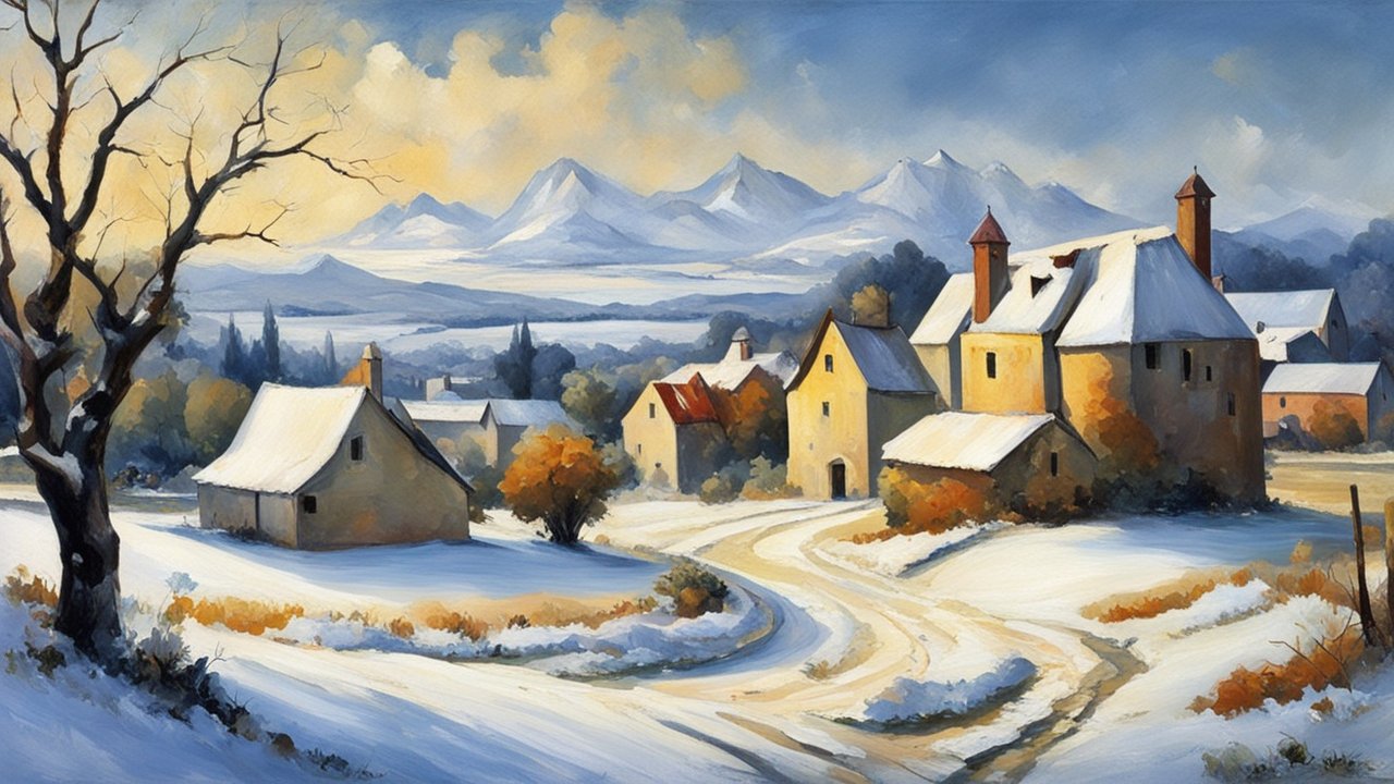 Winter Village Landscape with Snow-Covered Houses and Mountains