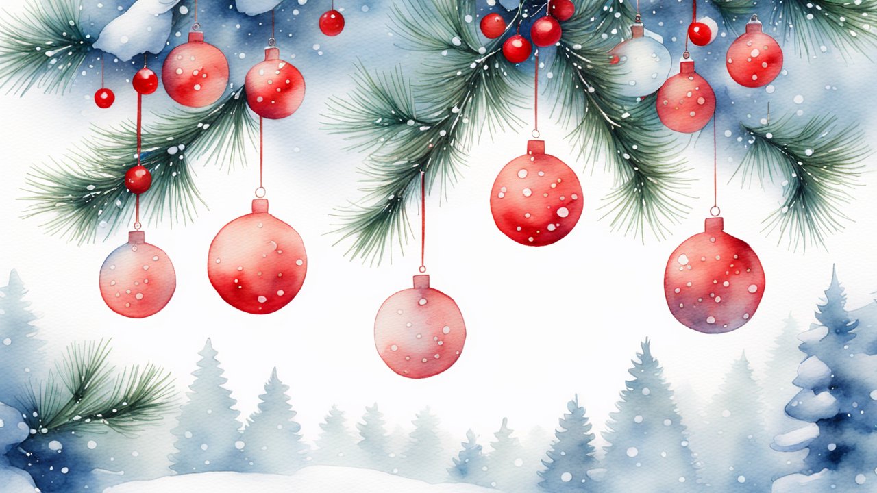 Winter Watercolor with Red Christmas Ornaments