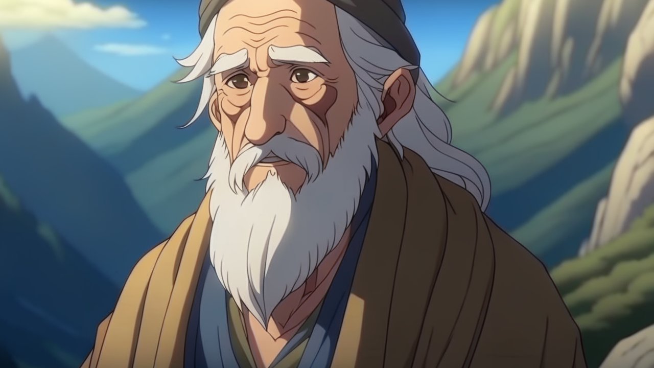 Wise Elder in Serene Mountain Landscape