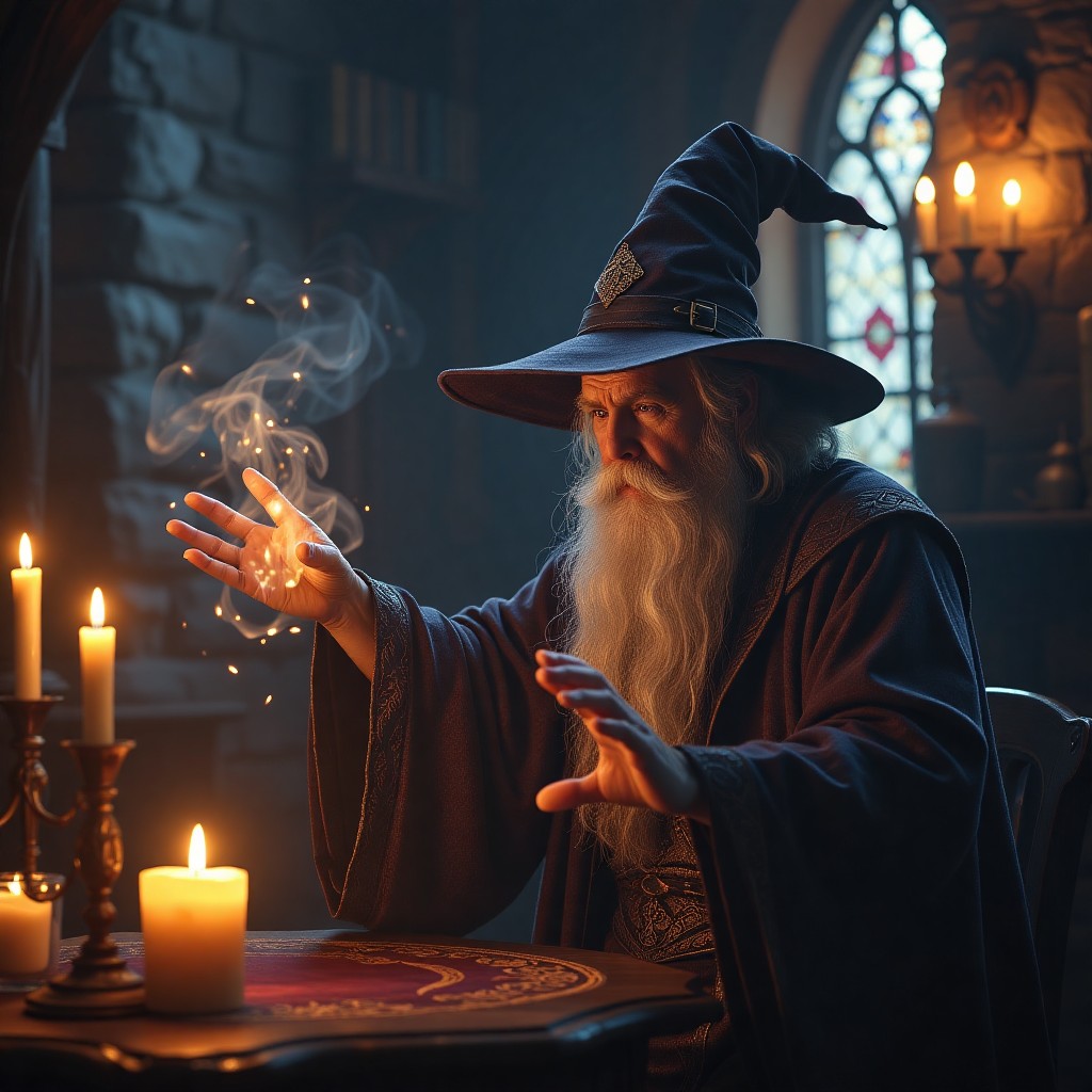 Wise Wizard Casting Magical Spells by Candlelight